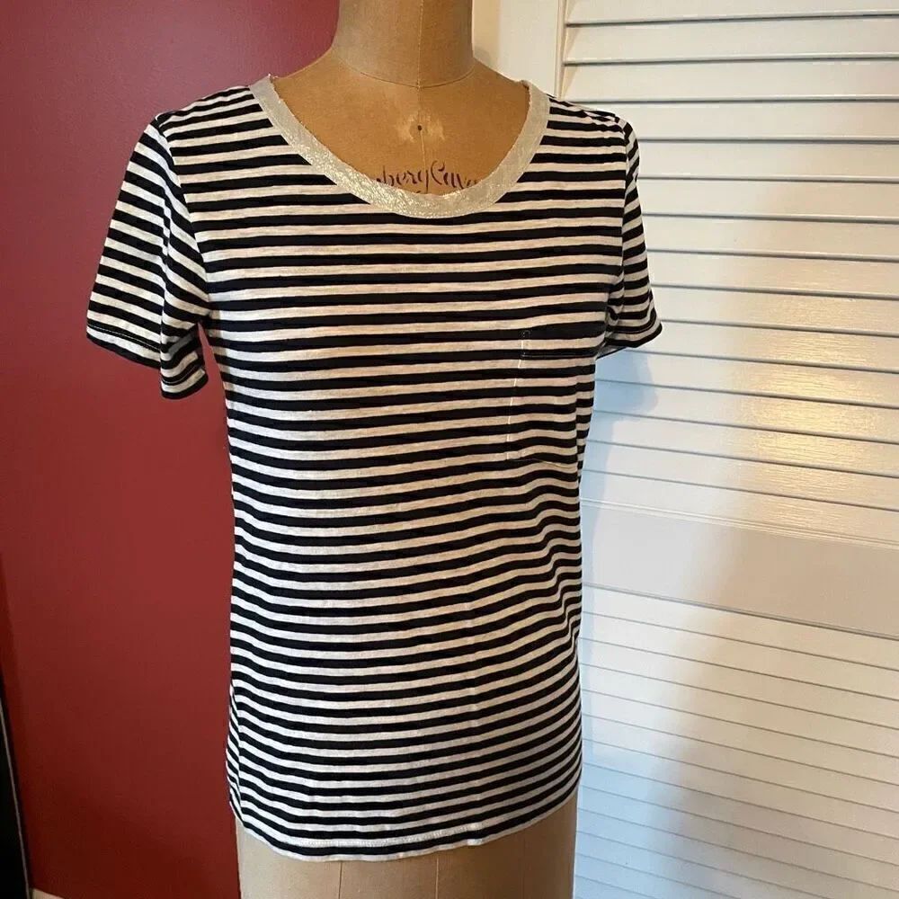 J CREW | navy & light gray stripe pocket t silver collar XS